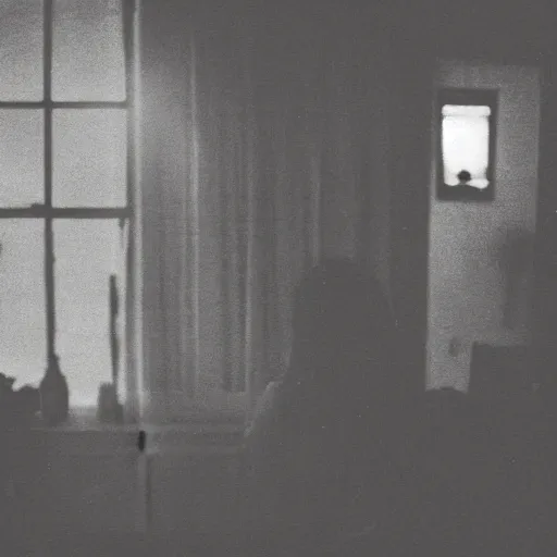 Image similar to grainy color photograph of a haunted being in a kitchen