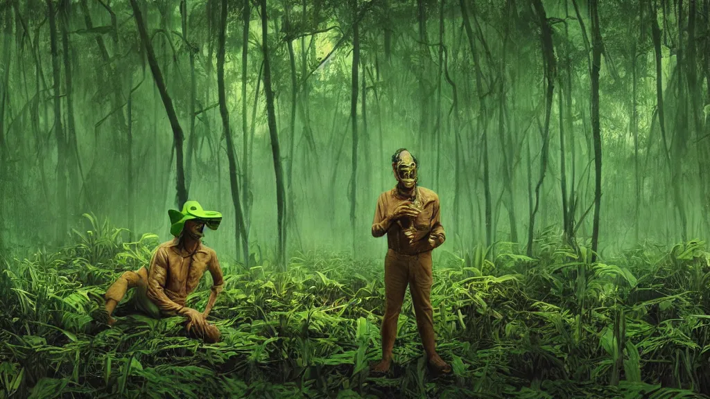 Image similar to snake oil saleman demigod with neon green mask in a swampy jungle landscape, visible sky and humid atmosphere, weekend in formosa by denis villeneuve, grant wood, wlop, kodakchrome, cinematic composition, practical effects, 8 k, trippy film from 2 0 1 9