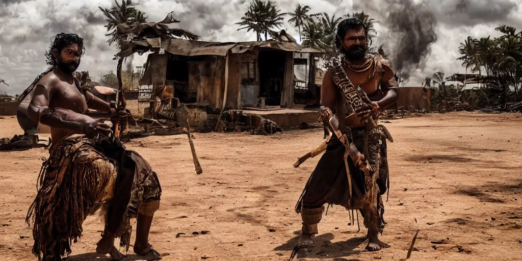 Image similar to sri lankan mad max style, traditional drum player, film still, epic shot cinematography, rule of thirds