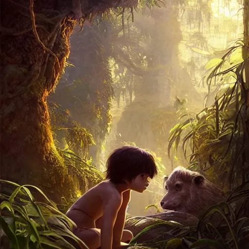 Image similar to still from the jungle book if made by krenz cushart and wenjun lin, portrait, illustration, rim light, top light, summer clear blue sky, perfectly shaded, soft painting, epic, intricate, art