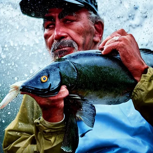 Prompt: closeup portrait of a fisherman holding a big fish in a rainy new york street, photography, time magazine