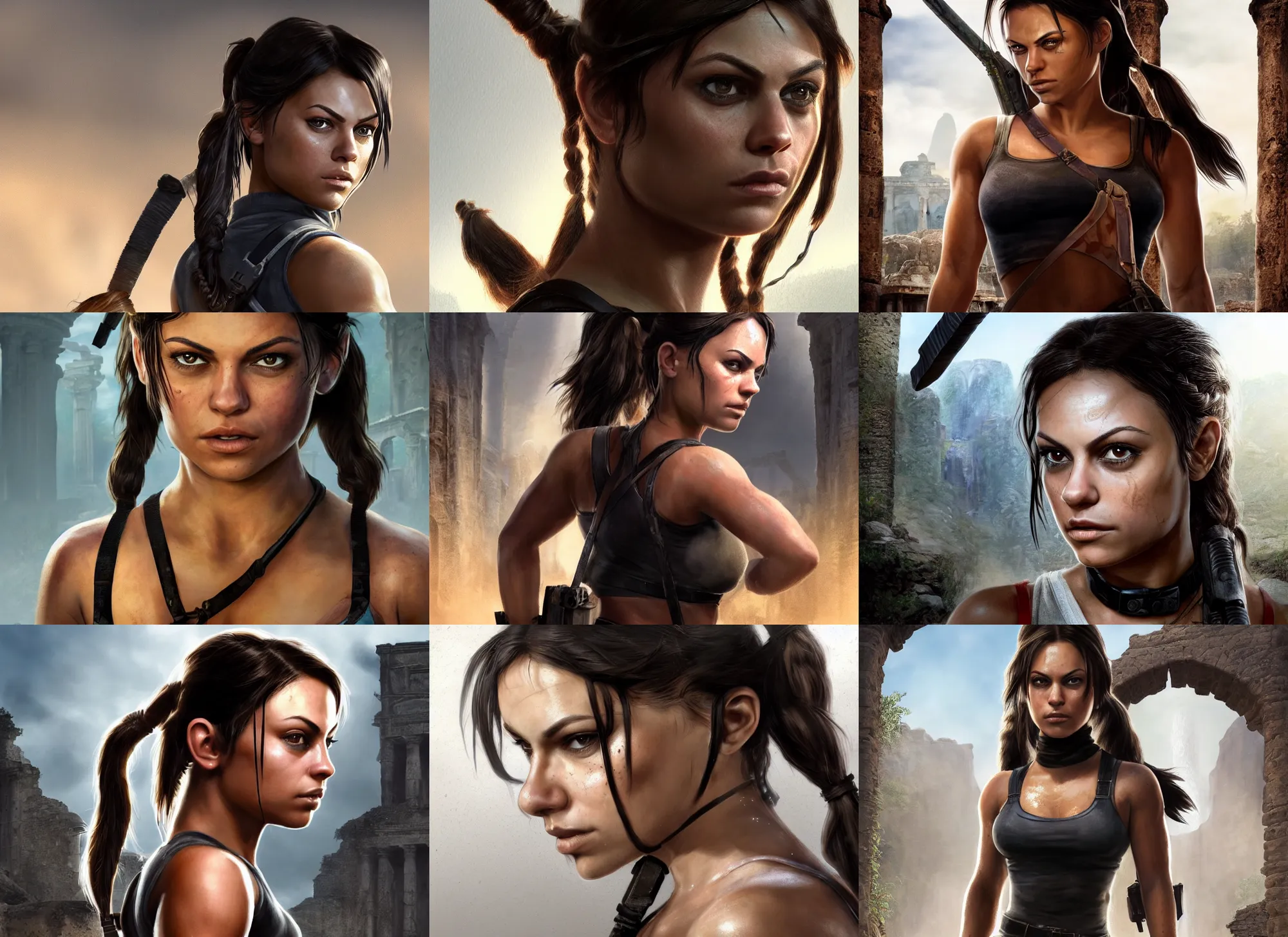 Prompt: face portrait of focussed muscled Mila Kunis as young Lara Croft with pigtails hair walking out epic ancient ruins directly looking into the camera, wearing black choker, sun beams, intricate, elegant, highly detailed, centered, sharp digital painting, artstation, concept art, smooth, sharp focus, illustration, Allan Lee, John Howe