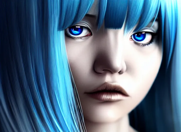 Image similar to full face shot of rimuru tempest, sky blue straight hair, long bangs, with amber eyes, wearing a black jacket, high collar, ultra detailed, concept art, award winning photography, digital painting, cinematic, wlop artstation, closeup, pixiv, evil, yoshitaka amano, andy warhol, ilya kuvshinov,