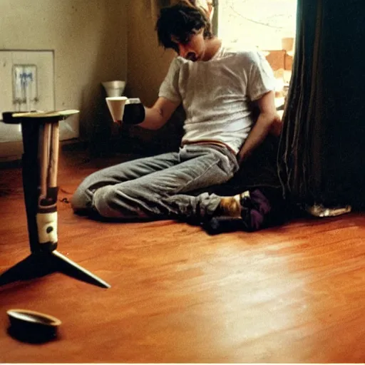 Prompt: a man sitting on the floor with a cup of coffee, an album cover by John Cale, tumblr, neo-figurative, movie still, wiccan, 1990s