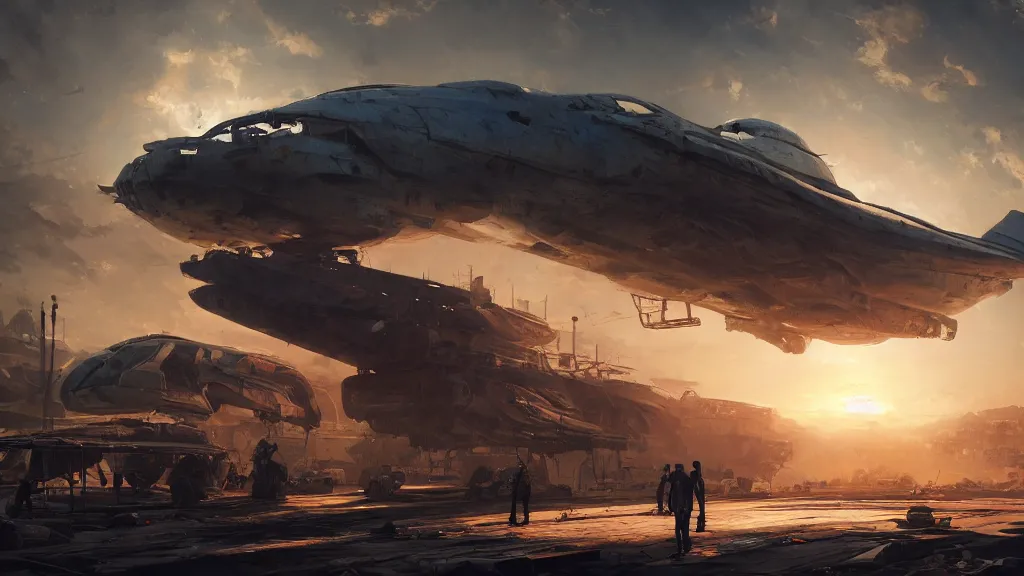 Image similar to a Photorealistic hyperrealistic render of a gigantic spaceship landing at a Junkyard by Greg Rutkowski,Vitaly Bugarov,Stephan Martiniere,Nicolas Bouvier SPARTH,James Paick,dramatic moody sunset lighting,long shadows,Volumetric, cinematic atmosphere, Octane Render,Artstation,8k