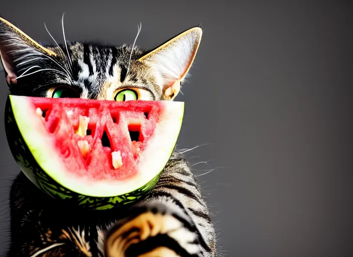 Image similar to photo of a cat wearing a helmet made of a watermelon. fantasy horror style. highly detailed 8 k. intricate. lifelike. soft light. nikon d 8 5 0 5 5 mm. dof. cinematic post - processing.