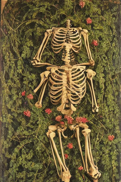 Prompt: Prompt: Human Skeleton, covered in vines and flowers, oil painting, by Leonardo da Vinci