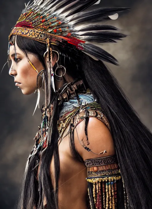 Image similar to hyper detailed image of an Redskin warrior princess wearing a headdress, intricate, elegant, long black hair, hd, 8k, muted colors,