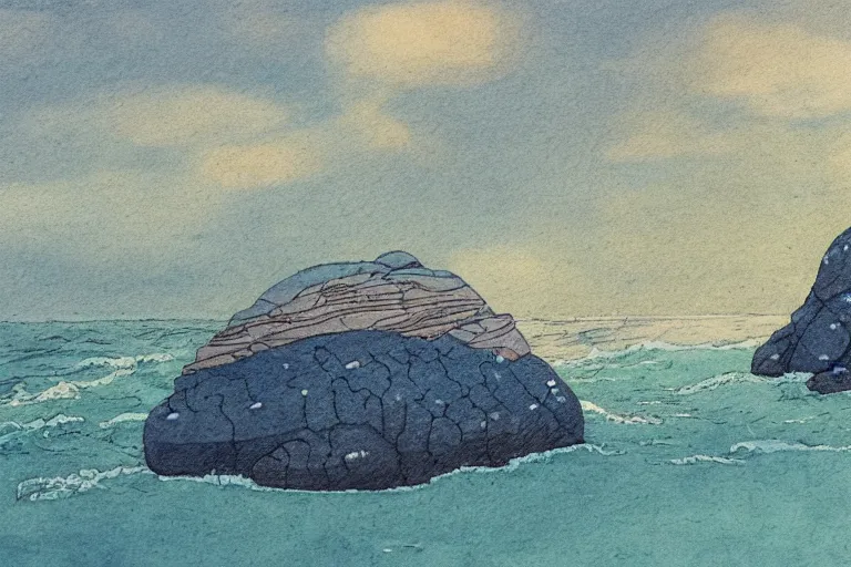 Image similar to seaside rocks in the style of Moebius