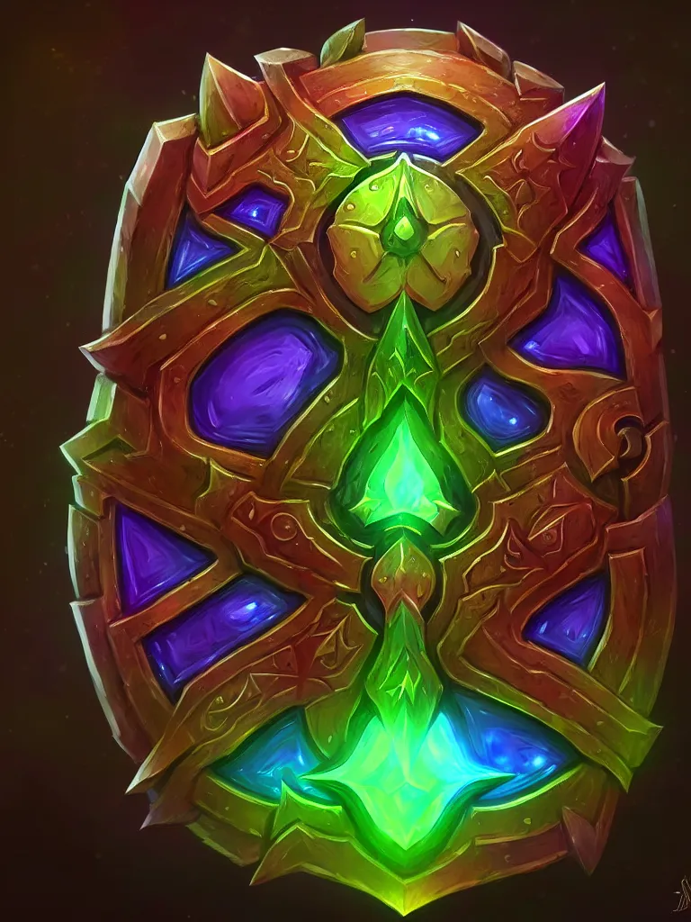Prompt: square bright shield of warcraft blizzard shield art, a spiral colorful gems shield. bright art masterpiece artstation. tree and roots shield, 8 k, sharp high quality illustration in style of jose daniel cabrera pena and leonid kozienko, green colored theme, concept art by tooth wu, card frame