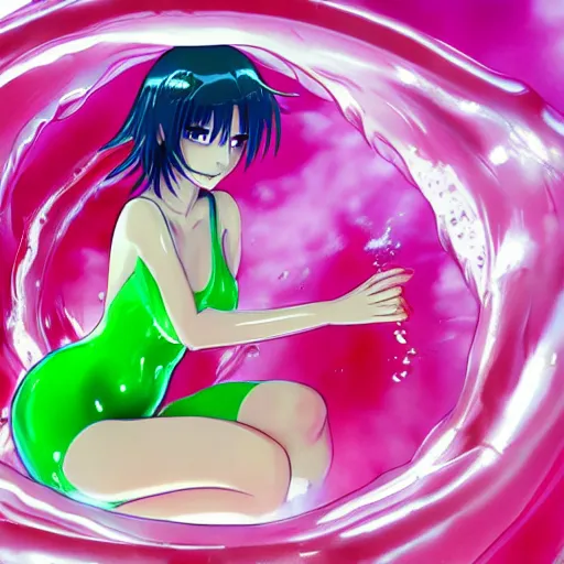 Prompt: a beautiful green slimegirl woman emerging from the center of a pool of slime in a bright white hallways, anime key visual