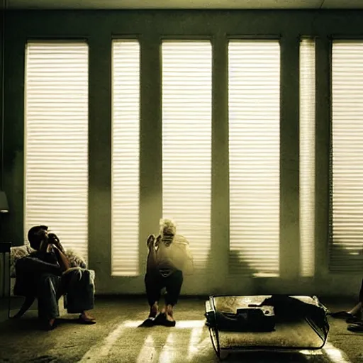 Prompt: gang members chilling around dirty couch in a beige room thick volumetric dust god rays shines through cheap blinds kinda atmosphere jonathan zawada style photography