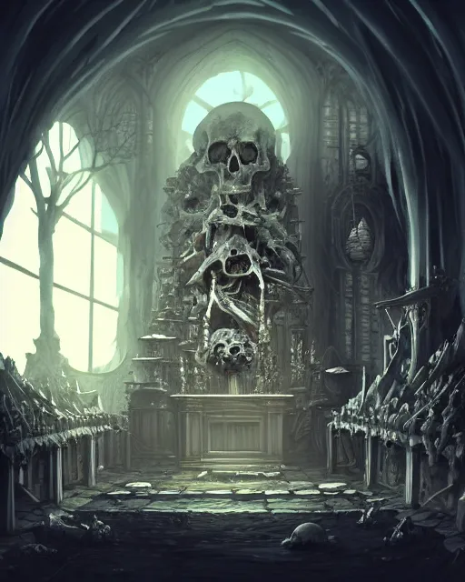 Image similar to full color, low ultrawide interior shot of sedlec ossuary, bones, smooth concept art in anime style mixed with fujifilm, dark, foggy, atmospheric, artstation, cgsociety, rendered, denoise, cinematic masterpiece