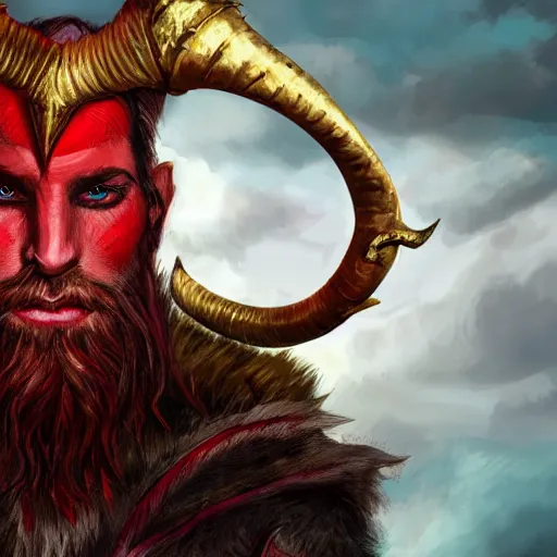 Prompt: dnd portrait of a tiefling, male, red scales and red skin, a big black beard, completely golden eyes, 2 ram horns growing out of his forehead,