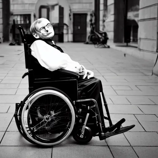 Image similar to Stephen Hawking with a pimped out wheelchair, photography, rap cover,