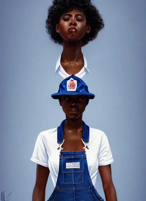 Image similar to full body portrait of young black woman as a firewoman, white t - shirt and blue denim overalls, firemans hat, intricate, beautiful and elegant, highly detailed, digital painting, artstation, concept art, smooth, sharp focus, illustration, art by wlop, mars ravelo and greg rutkowski