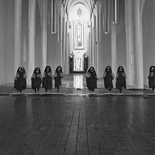 Prompt: award winning photo Floating nuns,Very long arms, in a sanctuary, eerie, frightening —width 1024 —height 1024