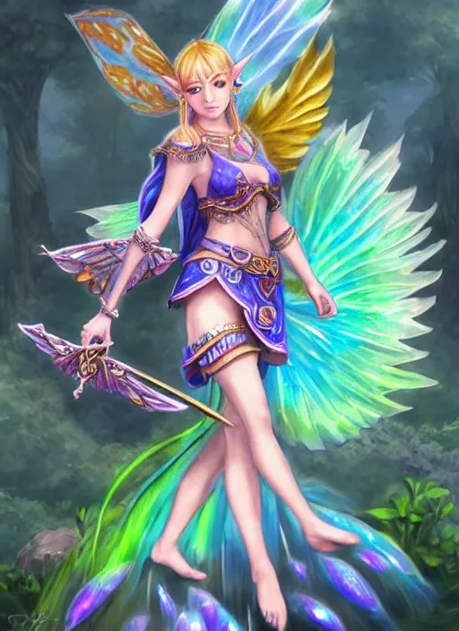 Prompt: beautiful hyrule warriors great fairy fountain full body portrait, big leaf bra, iridescent wings, highly detailed, d & d, fantasy, highly detailed, digital painting, trending on artstation, concept art, sharp focus, illustration, art by artgerm and greg rutkowski and fuji choko and viktoria gavrilenko and hoang lap