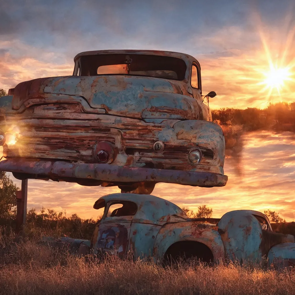 Image similar to a sunset light landscape with historical route 6 6, lots of sparkling details and sun ray ’ s, blinding backlight, smoke, volumetric lighting, colorful, octane, 3 5 mm, abandoned gas station, old rusty pickup - truck, beautiful epic colored reflections, very colorful heavenly, softlight