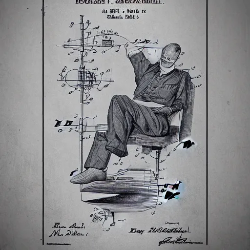 Image similar to sleeping man as a patent drawing. looking at camera. technical drawing. mathematical.