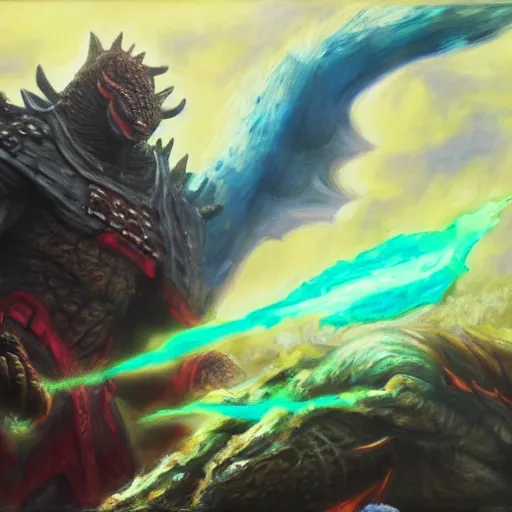 Prompt: ganondorf fighting Godzilla, oil painting, 4k, trending on artstation
