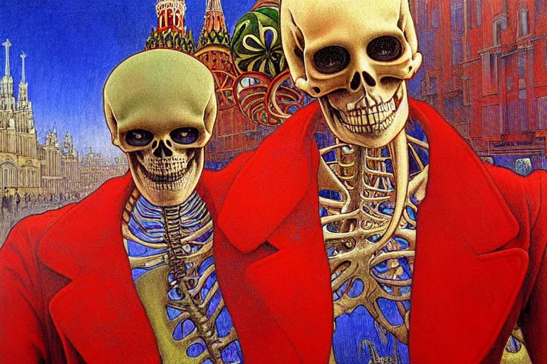 Image similar to realistic detailed closeup portrait painting of a single skeleton wearing red velvet blazer in a crowded futuristic moscow street by Jean Delville, Amano, Yves Tanguy, Alphonse Mucha, Ernst Haeckel, Edward Robert Hughes, Roger Dean, rich moody colours, blue eyes