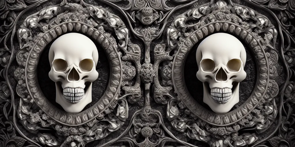 Image similar to curly gothic baroque tiki skull head , intricate ornate marble carving, white background, sculpture, hyper-realistic, micro details, focused, dramatic, sophisticated, soft surface, professional photography, overhead dramatic light, medium-shot, 3d art, artstation, CGsociety, 3d render, environmental key art, octane render, weta digital, 3d sculpture, structure, render in octane, unreal engine, ray trace 4k, cinematic ,dynamic light, amazing details, beautiful ,