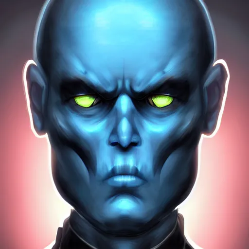 Prompt: centered mid ground full face portrait of an angry soldier with glowing blue eyes, a bald head and blue skin, rogue trooper, cyberpunk dark fantasy art, official fanart behance hd