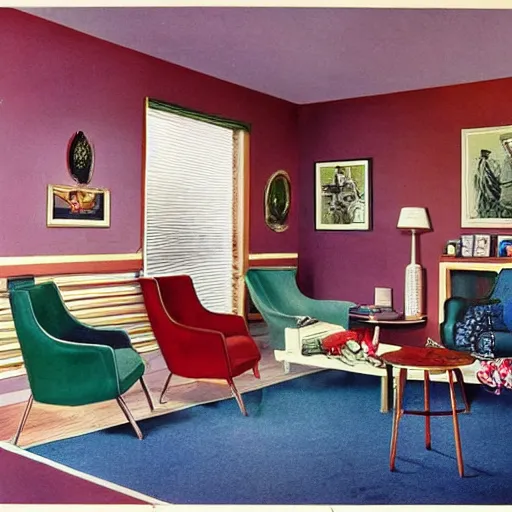 Prompt: a typical American living room from 1955