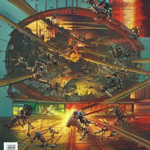 Image similar to combat ninja cyborgs combat in cybercity, golden hour, art by petros afshar and carl barks and hieronymus bosch and santiago caruso, highly detailed