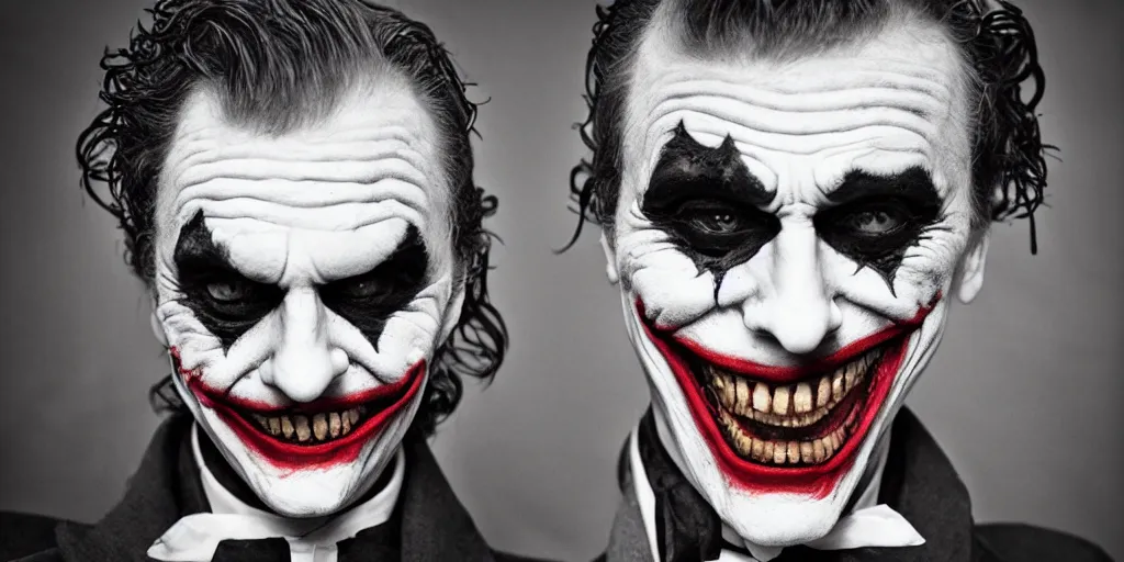 Image similar to joker wearing clothes in the style of directoire style, photograph, grinning, creepy,