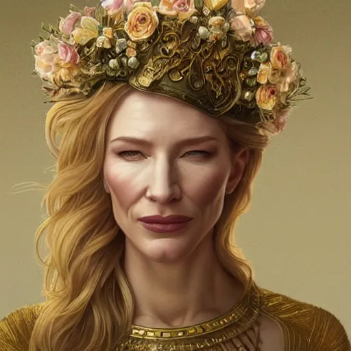 Image similar to Portrait of cate blanchett wearing a floral crown, olive skin, long dark hair, beautiful bone structure, shiny gold background, intricate, elegant, highly detailed, digital painting, artstation, concept art, smooth, sharp focus, illustration, art by artgerm and greg rutkowski and alphonse mucha