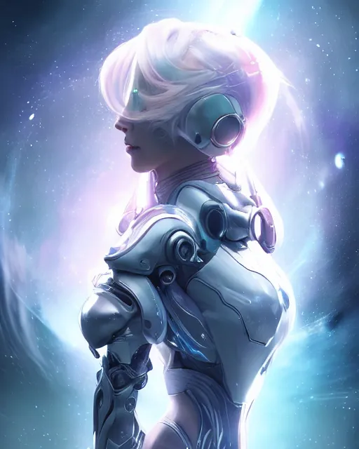 Image similar to perfect android girl on a mothership, warframe armor, beautiful face, scifi, futuristic, galaxy, nebula, raytracing, dreamy, long white hair, blue cyborg eyes, sharp focus, cinematic lighting, highly detailed, artstation, divine, by gauthier leblanc, kazuya takahashi, huifeng huang