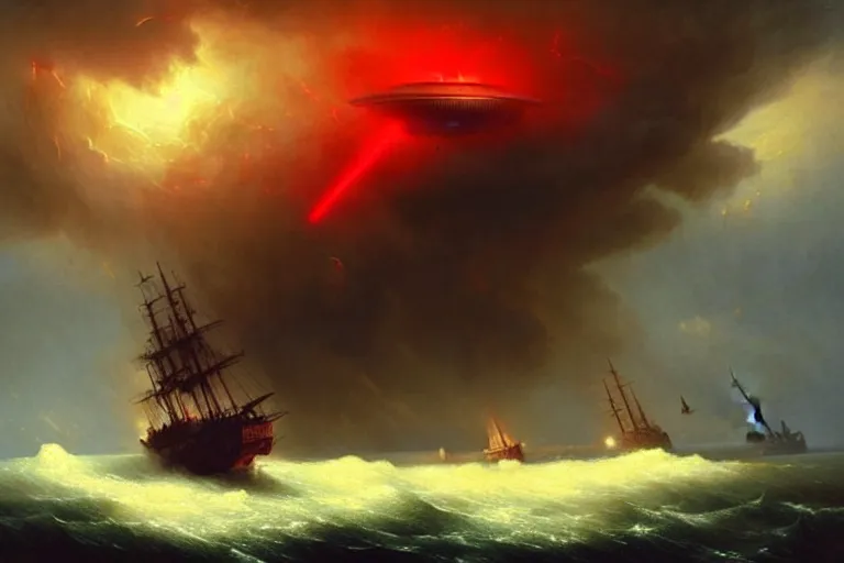 Image similar to A beautiful matte painting of huge spherical alien spaceship attacking with powerful red lasers a Sailship in ocean in thunderstorm by Greg Rutkowski and Ivan aivazovsky