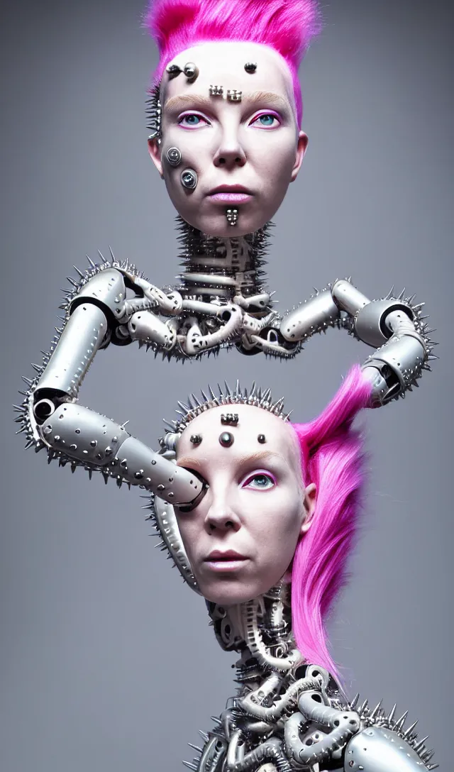 Image similar to portrait of a biomechanical goddess wearing a steel spikes studded iridescent beauty mask and pink hair buns, wearing a black bodysuit by alexander mcqueen, cream white background, soft diffused light, biotechnology, humanoid robot, perfectly symmetric, bjork aesthetic, translucent, by rineke dijkstra, intricate details, highly detailed, masterpiece,