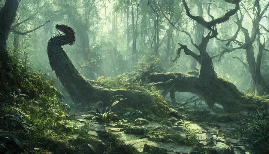 Image similar to A beautiful painting of a Basilisk in a magical forest, ray traced sun light, by greg rutkowski and Kalin Popov , Trending on artstation HD.