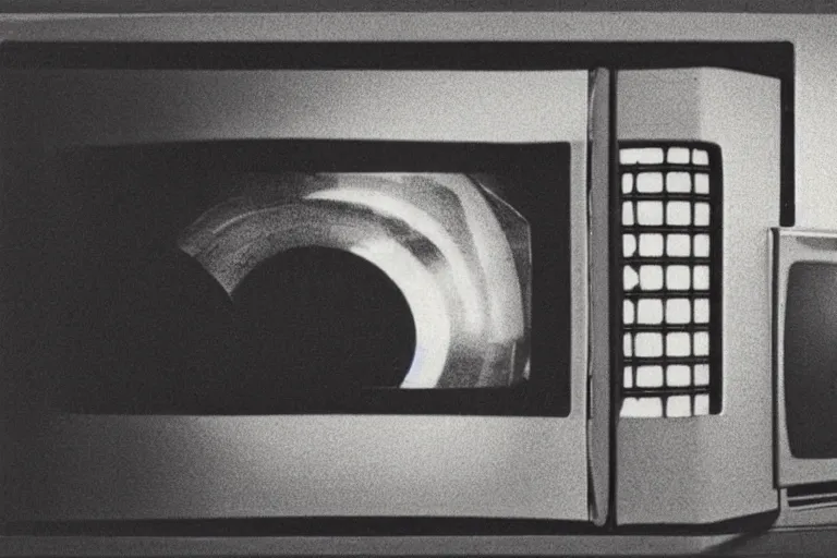 Image similar to retro robot sticking her head inside of a microwave, from 1985, bathed in the glow of a crt television, low-light photograph, in the style of jack bridgeland