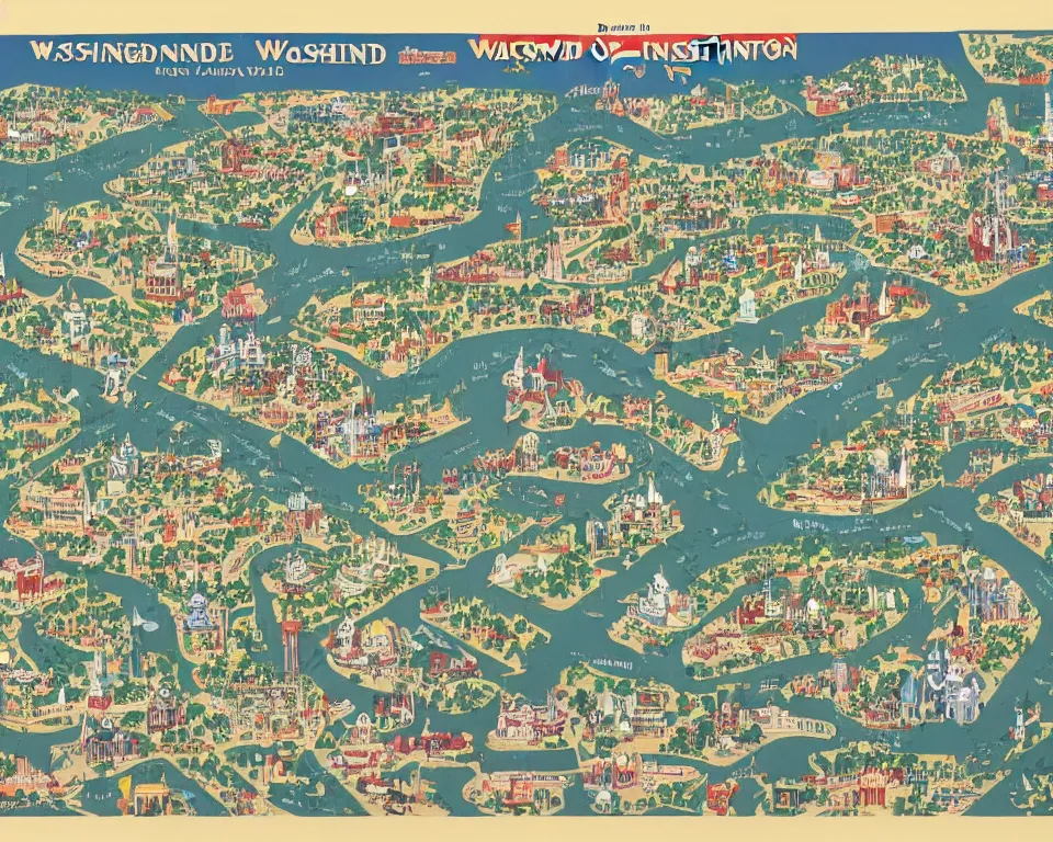 Image similar to Disneyland style map of Washington, D.C. by Hasui Kawase and Lyonel Feininger