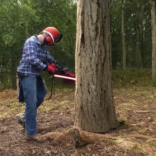 Image similar to a man cutting a tree with a lightsaber