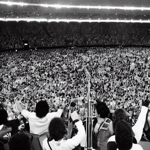 Image similar to a still photo taken from backstage of Live Aid in 1985. Queen the band is on the stage. Freddy Mercury can be seen from behind