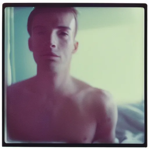 Image similar to soft polaroid photo of man that just woke up and lying in his bed, cinestill 800t, wide angle lens