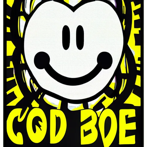 Image similar to acid house rave flyer, poster, smiley face, florescent yellow and black