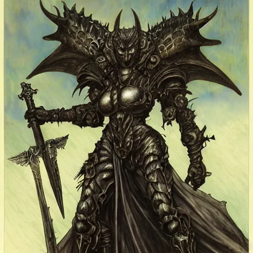 Image similar to head and shoulders portrait of an armored erinyes devil with bat wings, and a sword, d & d, fantasy, luis royo, magali villeneuve, donato giancola, wlop, krenz cushart, hans zatka, klimt, alphonse mucha