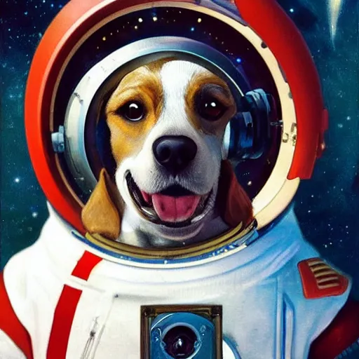 Image similar to realistic heroic portrait of Laika the russian space dog, first dog in orbit 1957, wearing her space helmet, in a circle frame, art by Artgerm and Greg Rutkowski and Alphonse Mucha