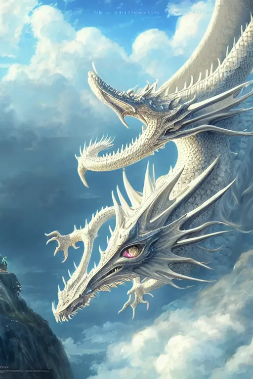 Image similar to the beautiful hyper detailed big scene render that a beautiful princess sitting on the back of a huge silver white dragon alone in fairyland surrounded by white clouds, finely detailed angelic face delicate features, style of studio ghibli, makoto shinkai, raphael lacoste, artgerm, karol bak, kazuki tanahashi, james jean, ross tran, ultra wide angle