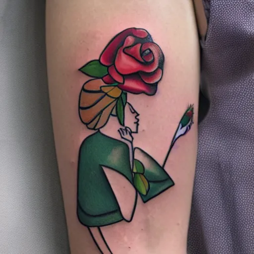 Image similar to stylised tattoo of a female figure holding a rose