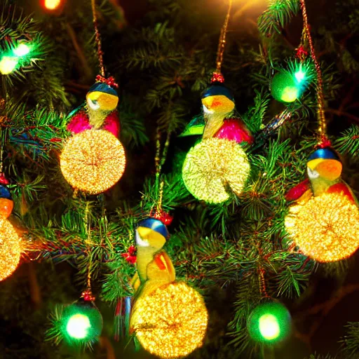 Image similar to rainbow lorakeets in a christmas tree, sparkling light, christmas lights, vaseline lens, sacred golden light, nostalgia