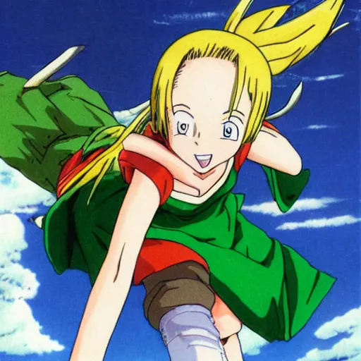 Image similar to anime, girl, green dress, flying, one piece, by akira toriyama