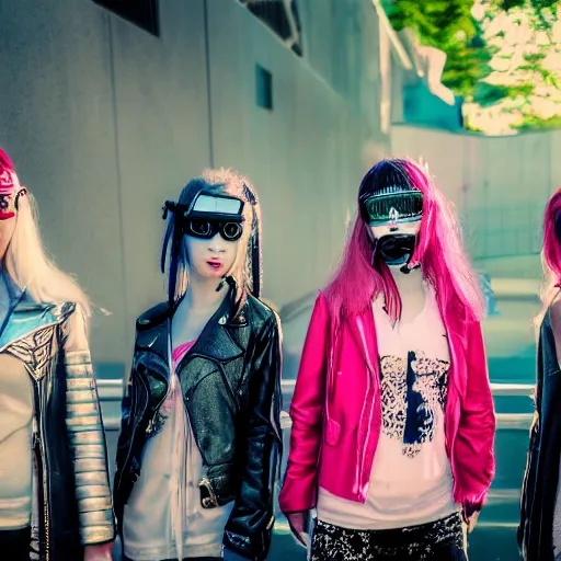 Image similar to a photo of 4 cyber - punk cyberpunk girls of different ages in different outfits, 5 0 mm lens, f 1. 4, sharp focus, ethereal, emotionally evoking, head in focus, volumetric lighting, blur dreamy outdoor,