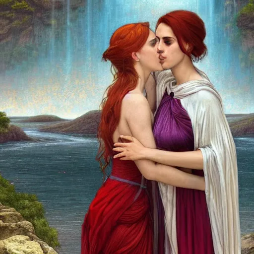 Image similar to a highly detailed byzantine painting of scarlett johansson and emma watson as red haired queens sharing a soft kiss under a waterfall in a gossamer purple dress, epic fantasy, viewed in profile from far away, ultrawide lens, art by artgerm and greg rutkowski and alphonse mucha, volumetric lighting, 4 k resolution, trending on artstation, masterpiece